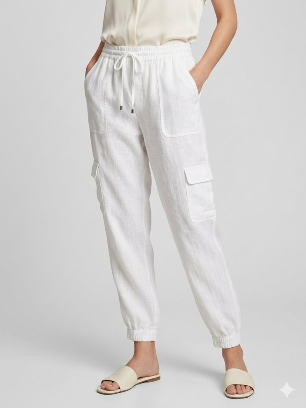 Nicole Miller Linen Joggers Cargo Pants XL Crisp White NWT
